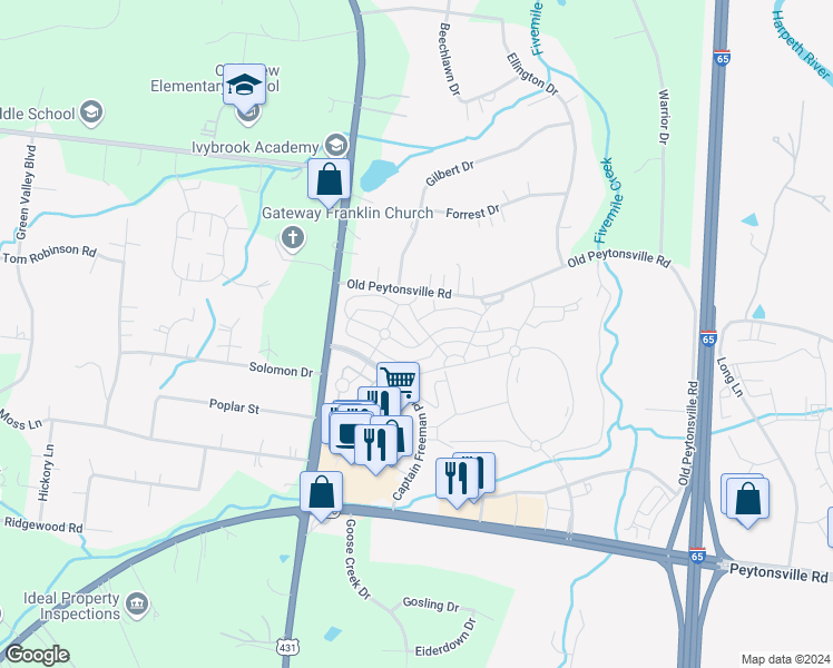 map of restaurants, bars, coffee shops, grocery stores, and more near 313 Henry Russell Street in Franklin