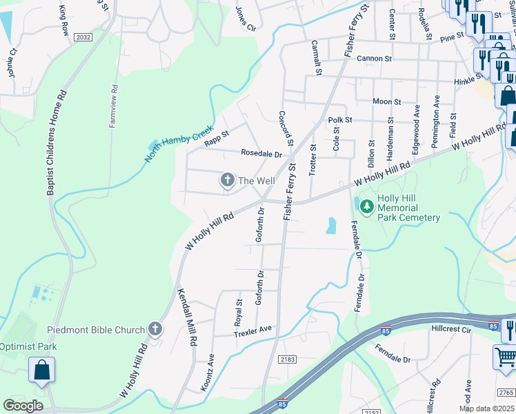 map of restaurants, bars, coffee shops, grocery stores, and more near 1001 West Holly Hill Road in Thomasville