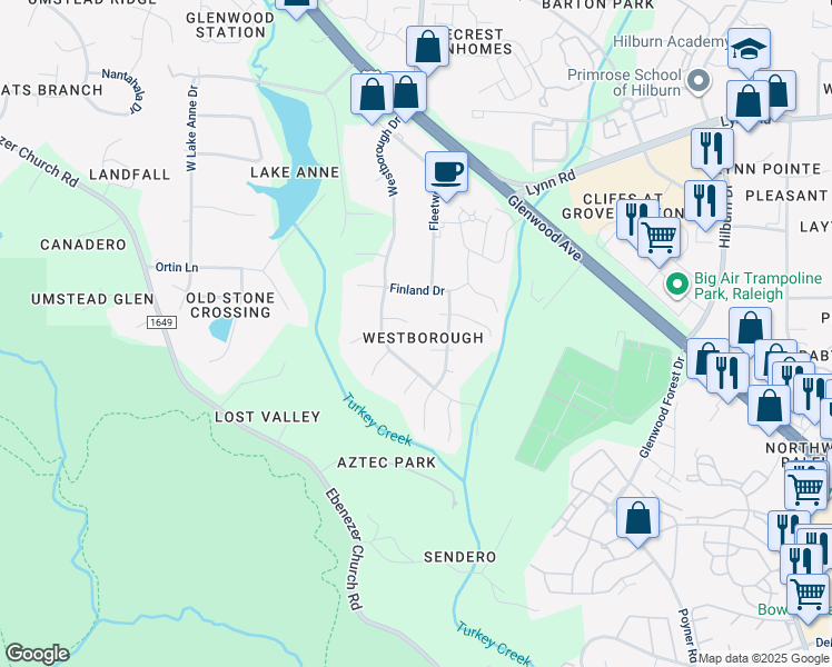 map of restaurants, bars, coffee shops, grocery stores, and more near 8001 Thomasville Court in Raleigh