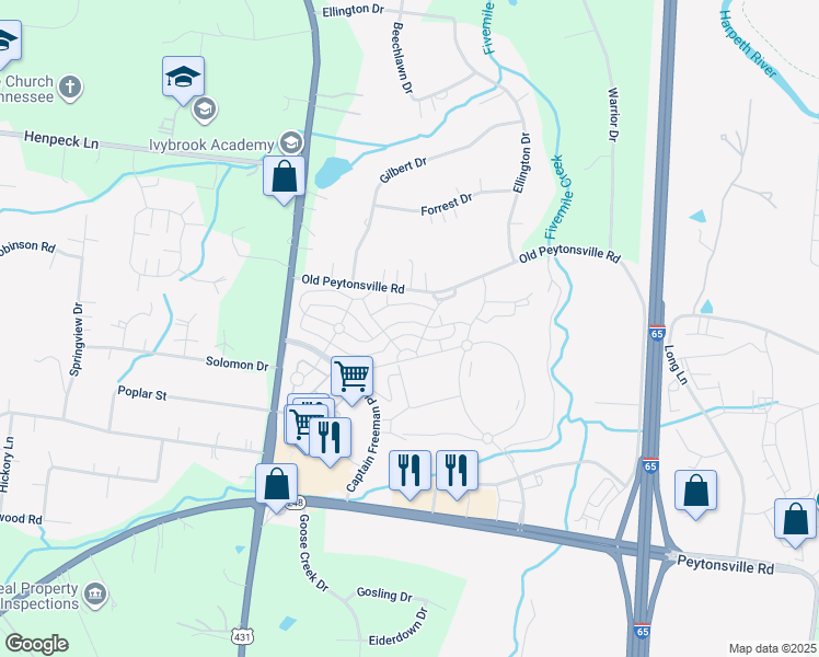map of restaurants, bars, coffee shops, grocery stores, and more near 2019 General Martin Lane in Franklin