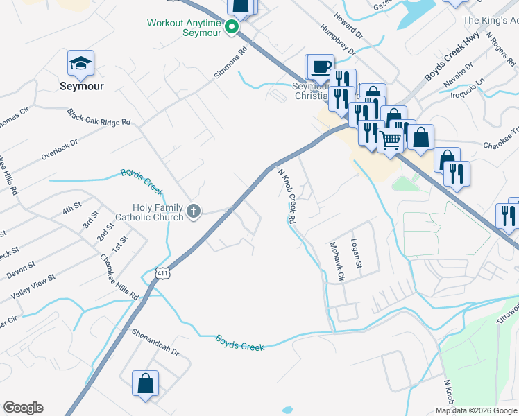 map of restaurants, bars, coffee shops, grocery stores, and more near 114 Colonial Circle in Seymour