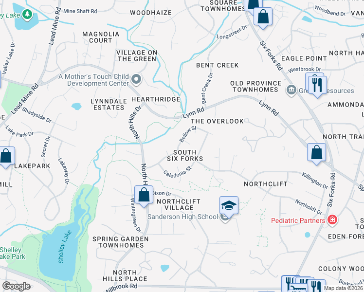 map of restaurants, bars, coffee shops, grocery stores, and more near 6008 Bellow Street in Raleigh