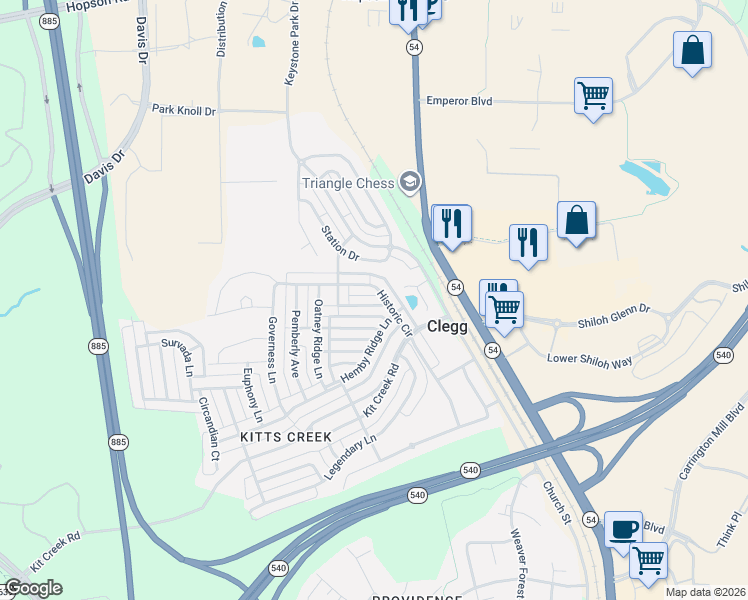 map of restaurants, bars, coffee shops, grocery stores, and more near 1044 Semora Lane in Morrisville