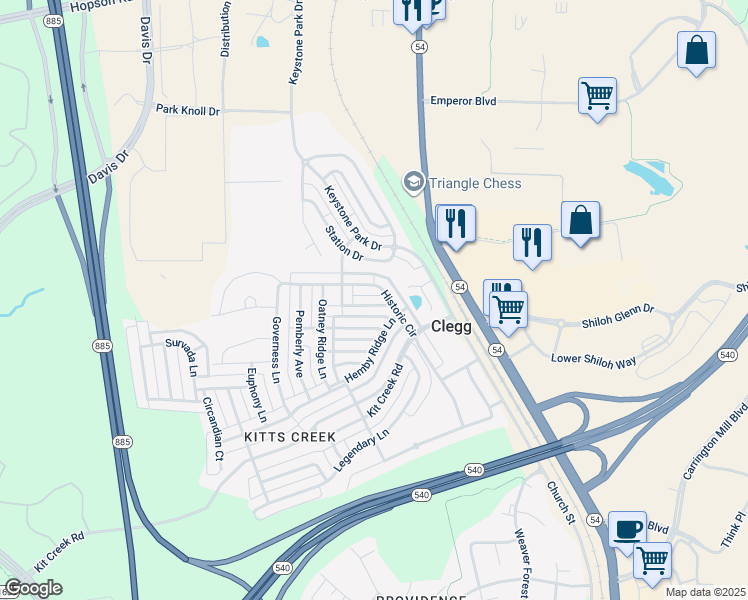 map of restaurants, bars, coffee shops, grocery stores, and more near 1020 Semora Lane in Morrisville