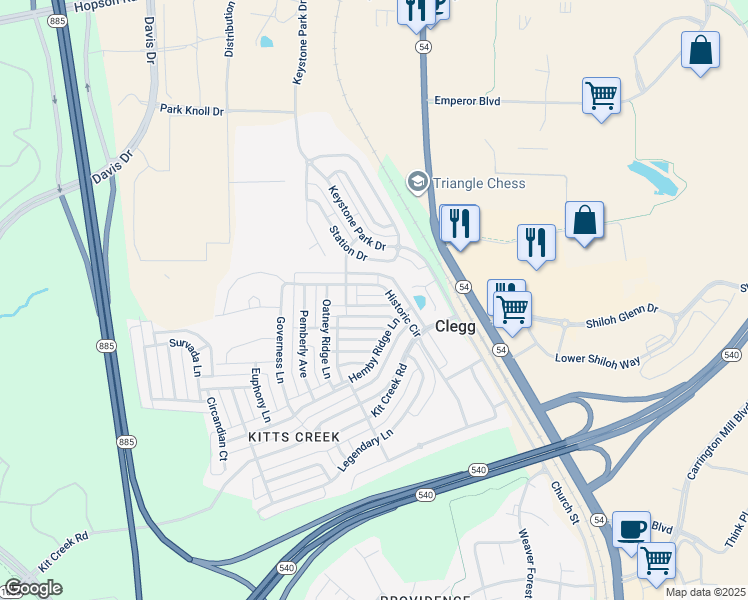 map of restaurants, bars, coffee shops, grocery stores, and more near 1028 Semora Lane in Morrisville