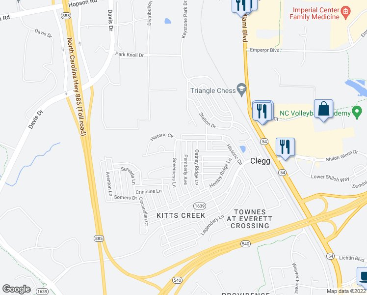 map of restaurants, bars, coffee shops, grocery stores, and more near 1012 Pemberly Avenue in Morrisville