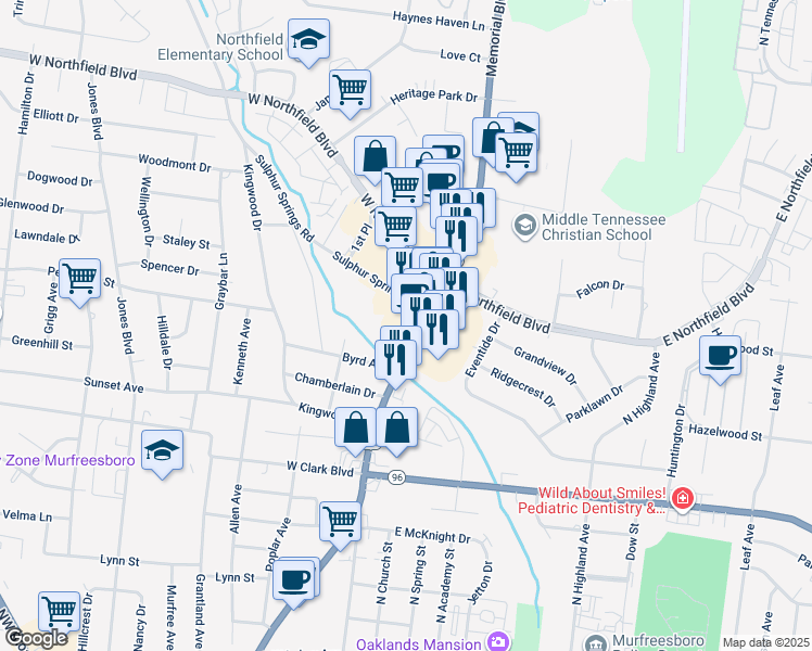 map of restaurants, bars, coffee shops, grocery stores, and more near 1661 Memorial Boulevard in Murfreesboro