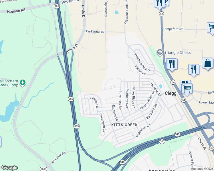 map of restaurants, bars, coffee shops, grocery stores, and more near 2973 Historic Circle in Morrisville
