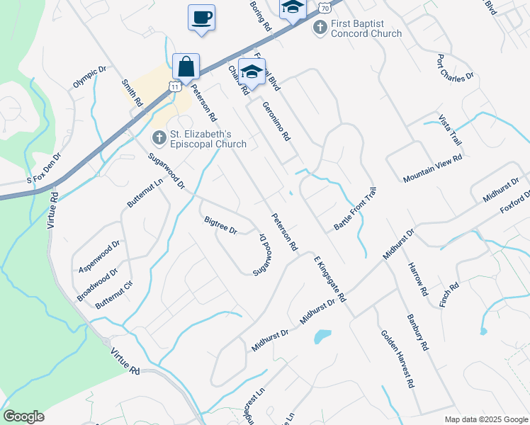 map of restaurants, bars, coffee shops, grocery stores, and more near 305 Peterson Road in Knoxville