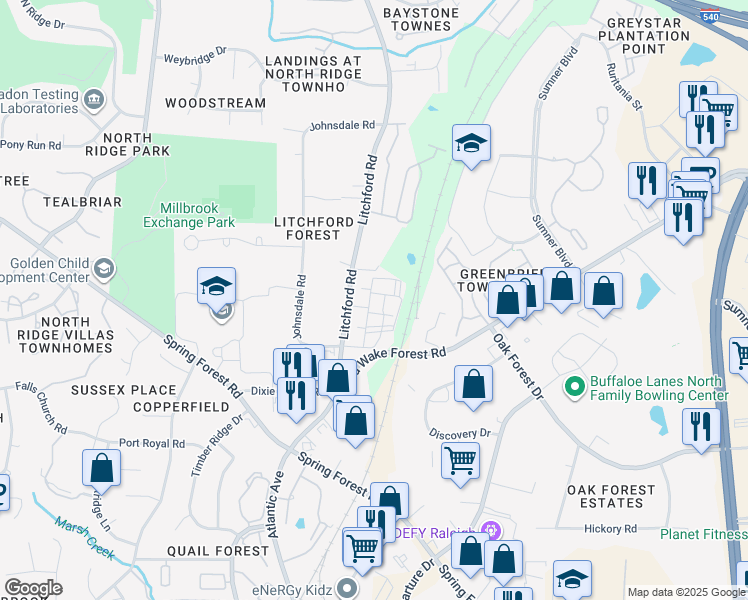 map of restaurants, bars, coffee shops, grocery stores, and more near 2504 Sylvia Dean Street in Raleigh