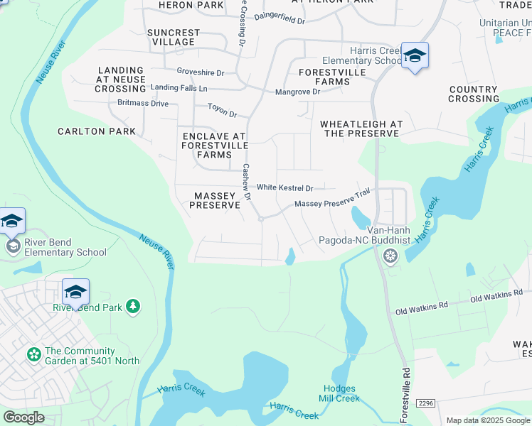 map of restaurants, bars, coffee shops, grocery stores, and more near 4007 Massey Preserve Trail in Raleigh