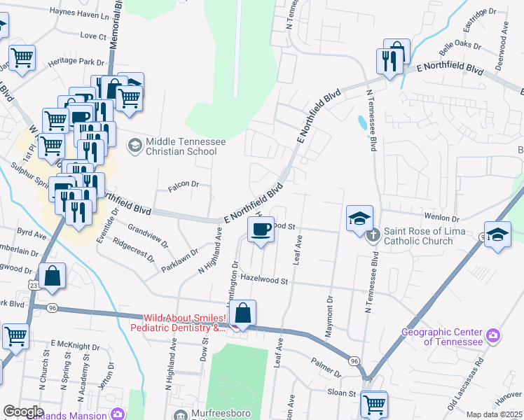 map of restaurants, bars, coffee shops, grocery stores, and more near 1710 Huntwood Street in Murfreesboro