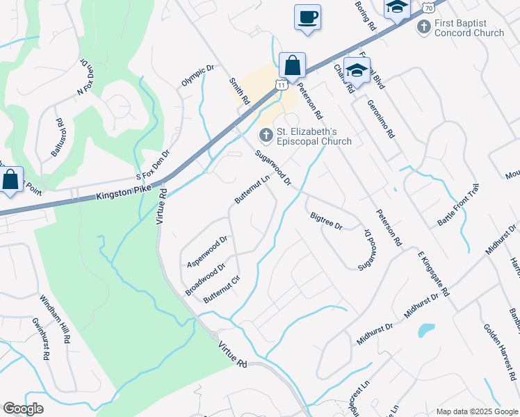 map of restaurants, bars, coffee shops, grocery stores, and more near 204 Candlenut Lane in Knoxville