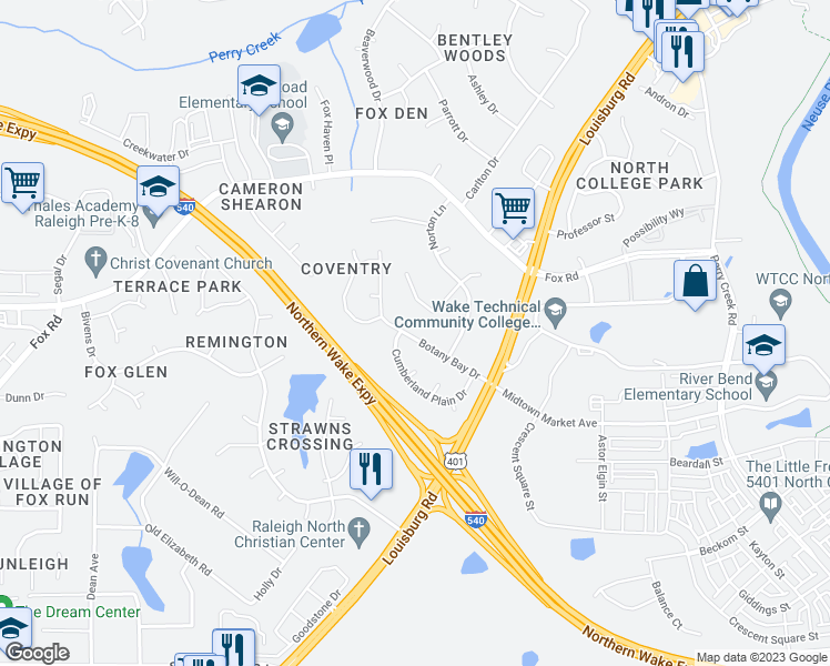 map of restaurants, bars, coffee shops, grocery stores, and more near 5409 Botany Bay Drive in Raleigh