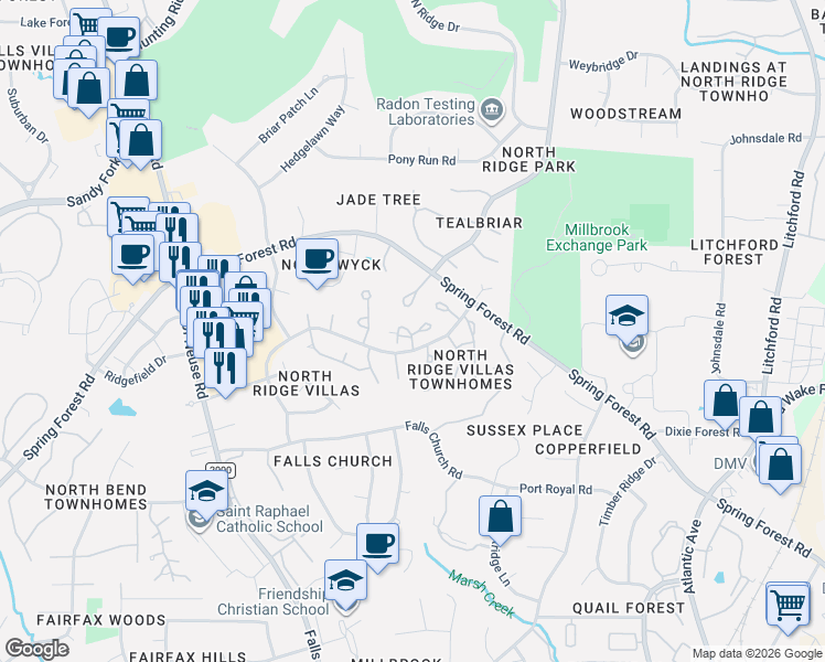map of restaurants, bars, coffee shops, grocery stores, and more near 1500 Woodcroft Drive in Raleigh