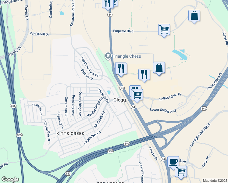 map of restaurants, bars, coffee shops, grocery stores, and more near 1025 Brennan Green Court in Morrisville