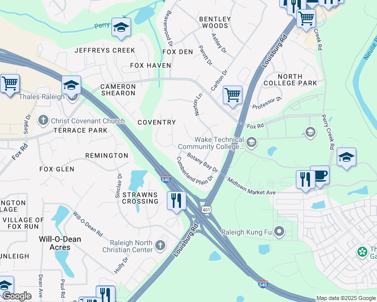 map of restaurants, bars, coffee shops, grocery stores, and more near 5401 Botany Bay Drive in Raleigh