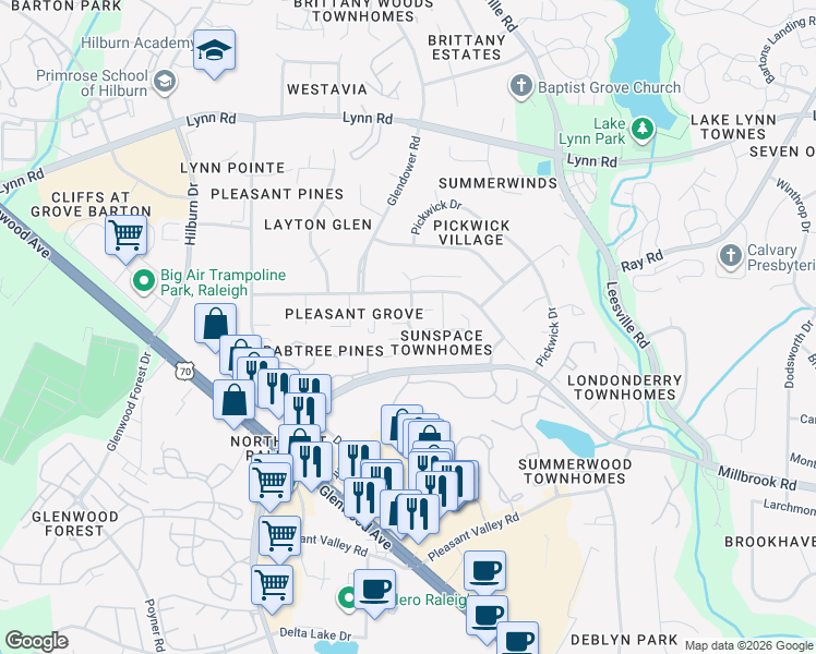 map of restaurants, bars, coffee shops, grocery stores, and more near 4300 Sunburst Court in Raleigh