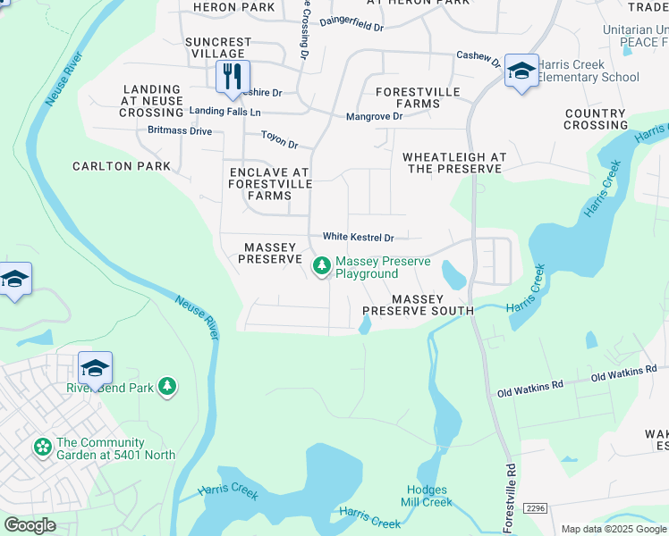 map of restaurants, bars, coffee shops, grocery stores, and more near 4007 Massey Preserve Trail in Raleigh