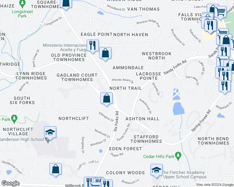 map of restaurants, bars, coffee shops, grocery stores, and more near 6225 Lewisand Circle in Raleigh