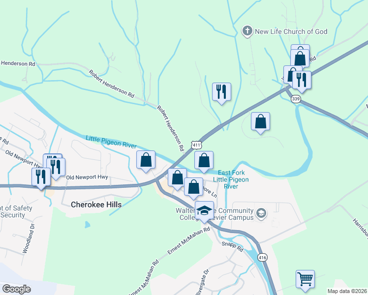 map of restaurants, bars, coffee shops, grocery stores, and more near 1620 Newport Highway in Sevierville
