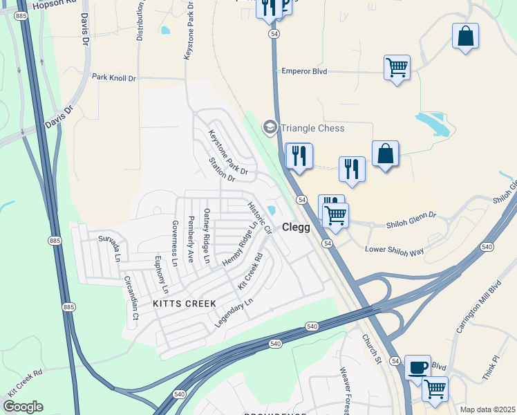 map of restaurants, bars, coffee shops, grocery stores, and more near 2200 Historic Circle in Morrisville