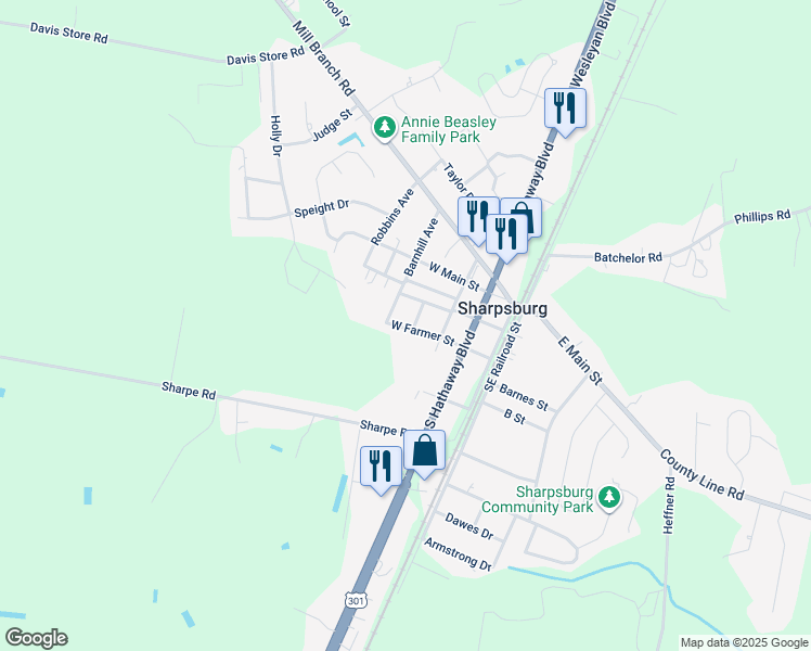 map of restaurants, bars, coffee shops, grocery stores, and more near 416 West Farmer Street in Rocky Mount