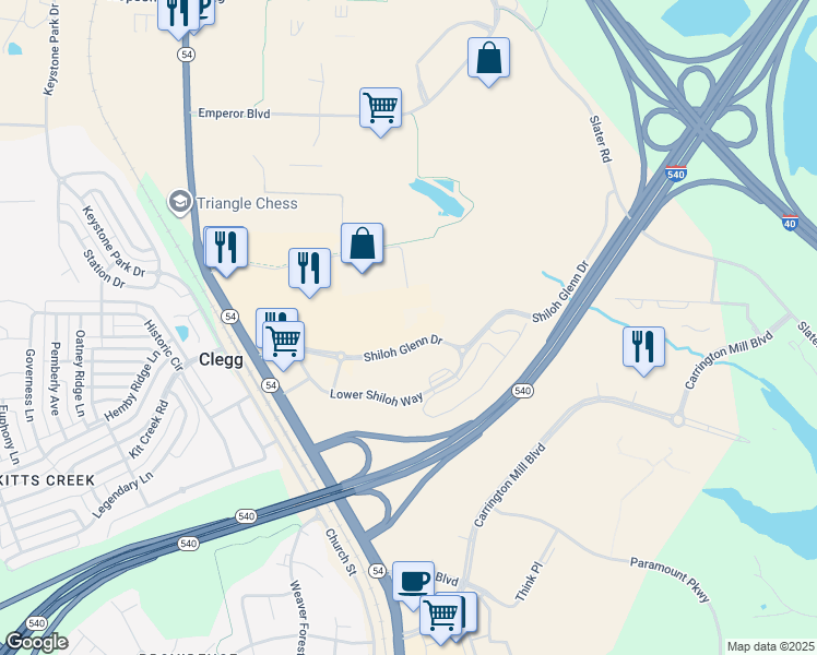 map of restaurants, bars, coffee shops, grocery stores, and more near 1101 Shiloh Glenn Drive in Morrisville