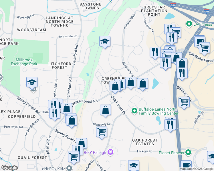 map of restaurants, bars, coffee shops, grocery stores, and more near 3012 Berkeley Springs Place in Raleigh