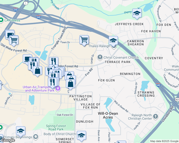 map of restaurants, bars, coffee shops, grocery stores, and more near 6400 Fox Road in Raleigh