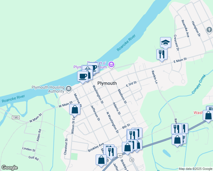 map of restaurants, bars, coffee shops, grocery stores, and more near 208 Adams Street in Plymouth