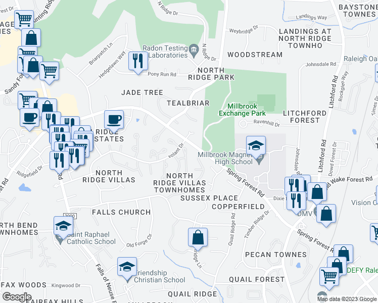 map of restaurants, bars, coffee shops, grocery stores, and more near 1509 Laureldale Drive in Raleigh