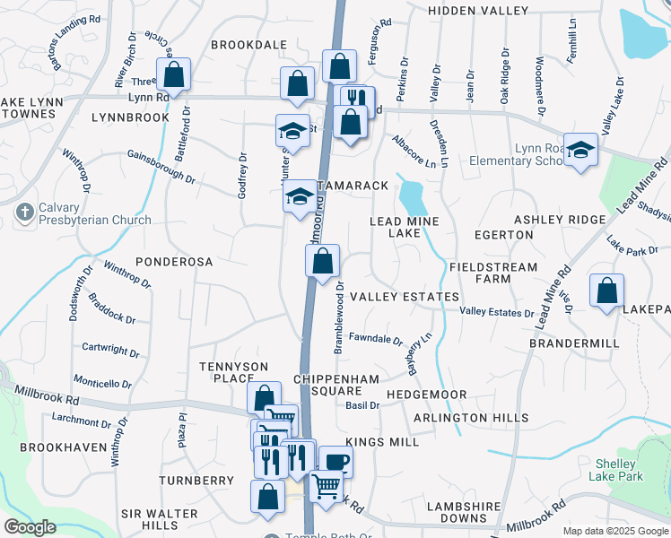 map of restaurants, bars, coffee shops, grocery stores, and more near 6213 Bramblewood Drive in Raleigh