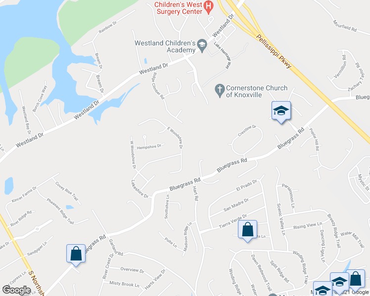 map of restaurants, bars, coffee shops, grocery stores, and more near 1203 East Woodshire Drive in Knoxville