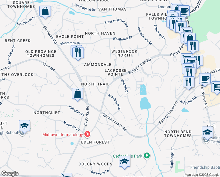 map of restaurants, bars, coffee shops, grocery stores, and more near 404 Thyme Place in Raleigh