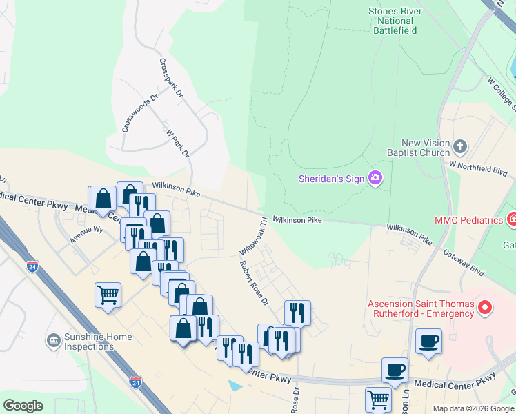 map of restaurants, bars, coffee shops, grocery stores, and more near 2510 Blantons Pointe in Murfreesboro