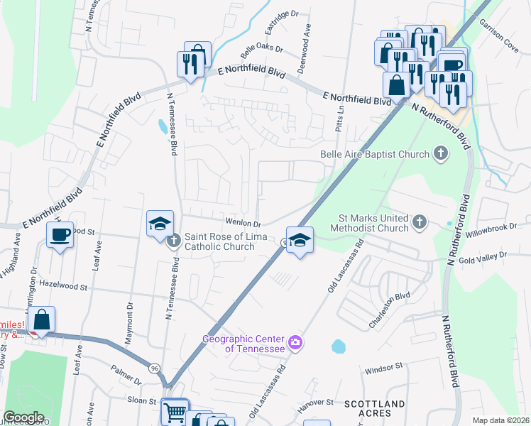 map of restaurants, bars, coffee shops, grocery stores, and more near 1345 Wenlon Drive in Murfreesboro