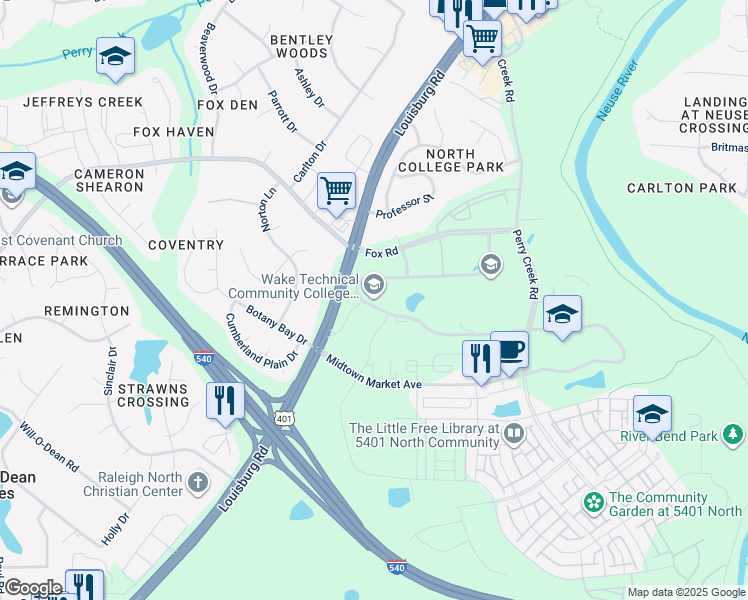 map of restaurants, bars, coffee shops, grocery stores, and more near 6600 Louisburg Road in Raleigh