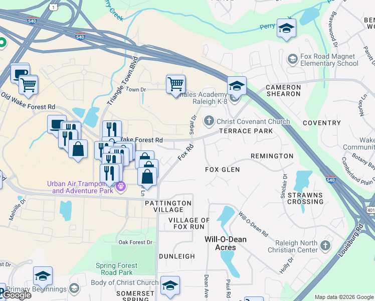 map of restaurants, bars, coffee shops, grocery stores, and more near 6400 Fox Road in Raleigh