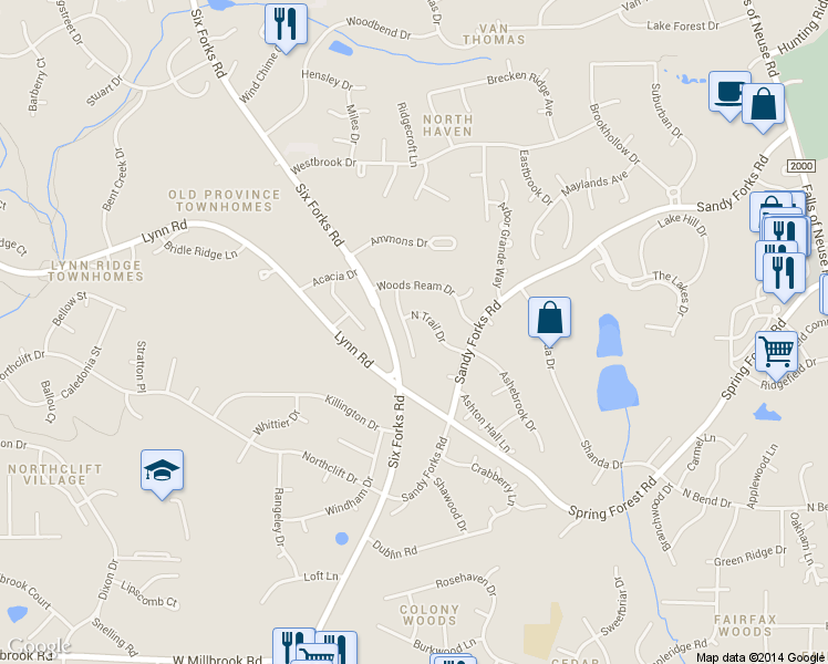 map of restaurants, bars, coffee shops, grocery stores, and more near 6225 Lewisand Circle in Raleigh