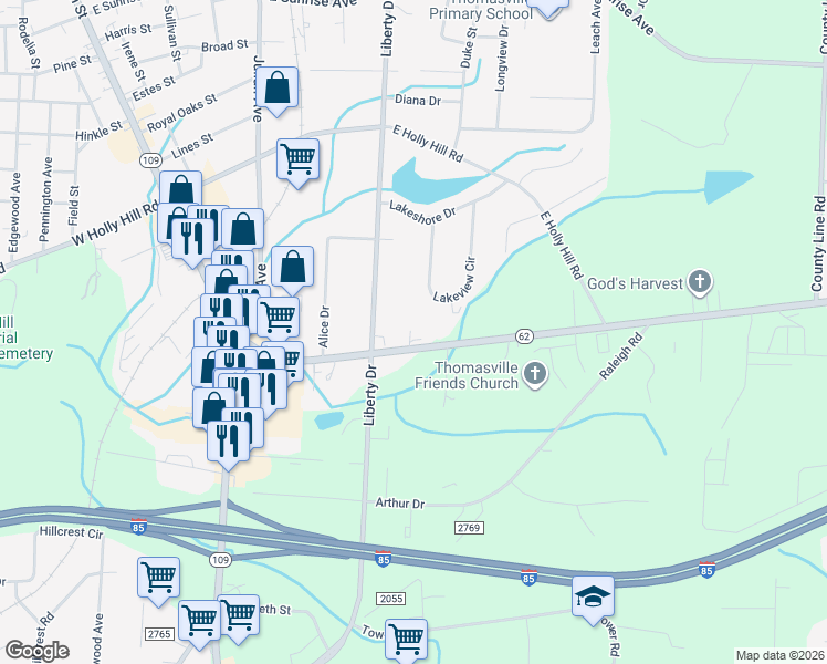 map of restaurants, bars, coffee shops, grocery stores, and more near 205 Cloniger Drive in Thomasville