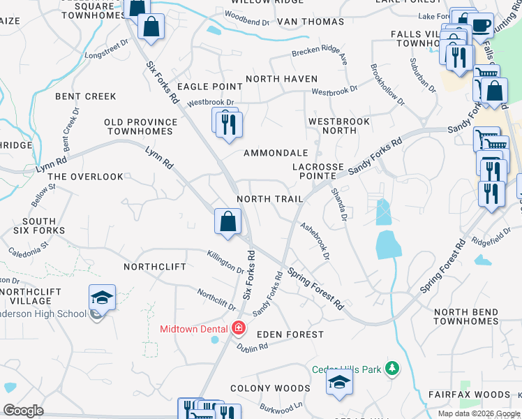 map of restaurants, bars, coffee shops, grocery stores, and more near 6225 Lewisand Circle in Raleigh