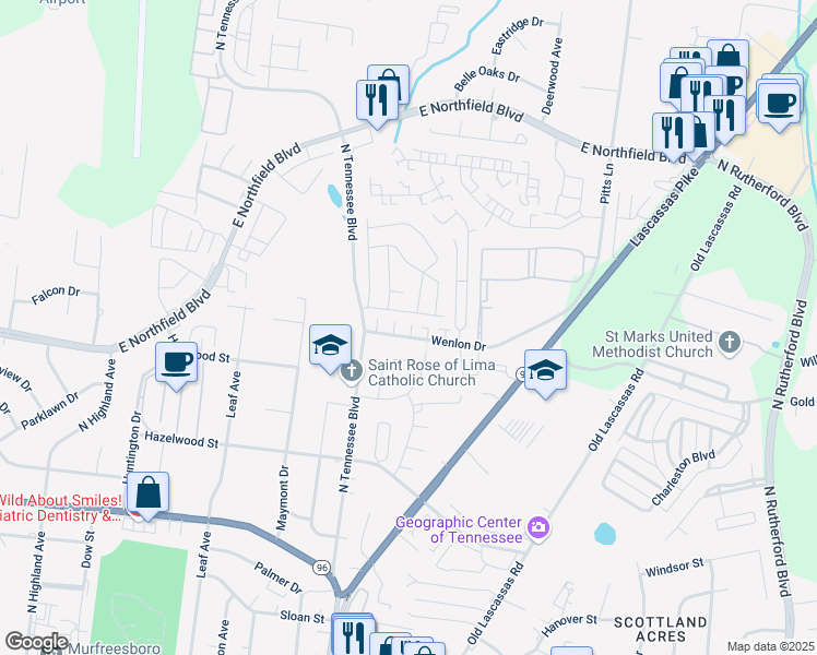 map of restaurants, bars, coffee shops, grocery stores, and more near 1239 Wenlon Drive in Murfreesboro