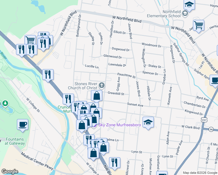 map of restaurants, bars, coffee shops, grocery stores, and more near 1014 Greenhill Street in Murfreesboro