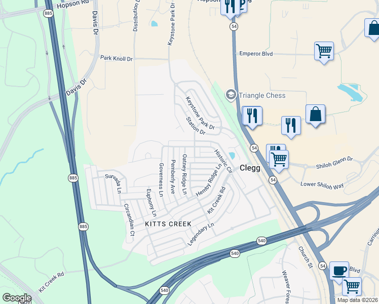 map of restaurants, bars, coffee shops, grocery stores, and more near 312 Roundhouse Lane in Morrisville