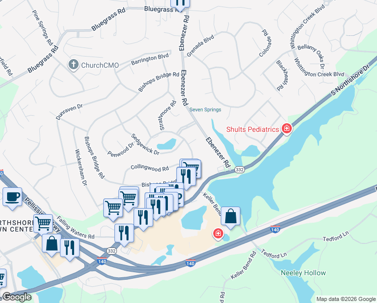 map of restaurants, bars, coffee shops, grocery stores, and more near 1905 Bishops Bridge Road in Knoxville