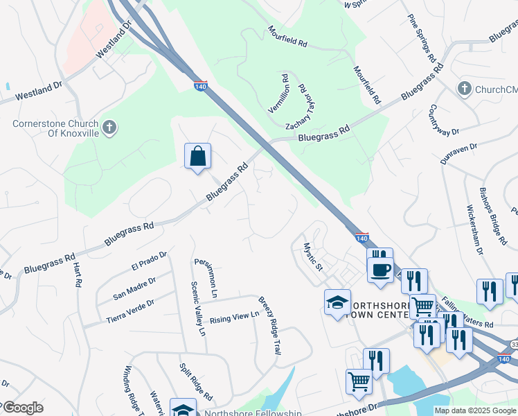 map of restaurants, bars, coffee shops, grocery stores, and more near 9606 Marley Lane in Knoxville