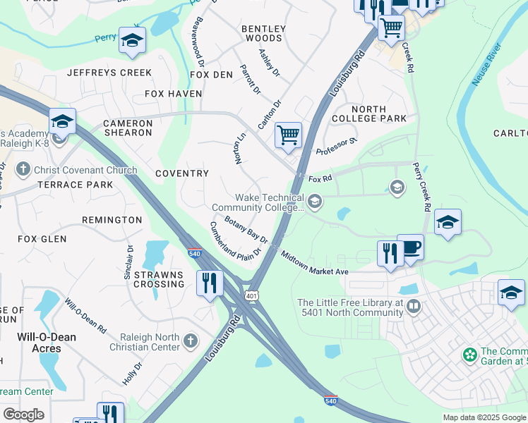 map of restaurants, bars, coffee shops, grocery stores, and more near 6916 Norton Lane in Raleigh