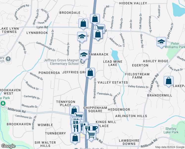 map of restaurants, bars, coffee shops, grocery stores, and more near 6213 Bramblewood Drive in Raleigh