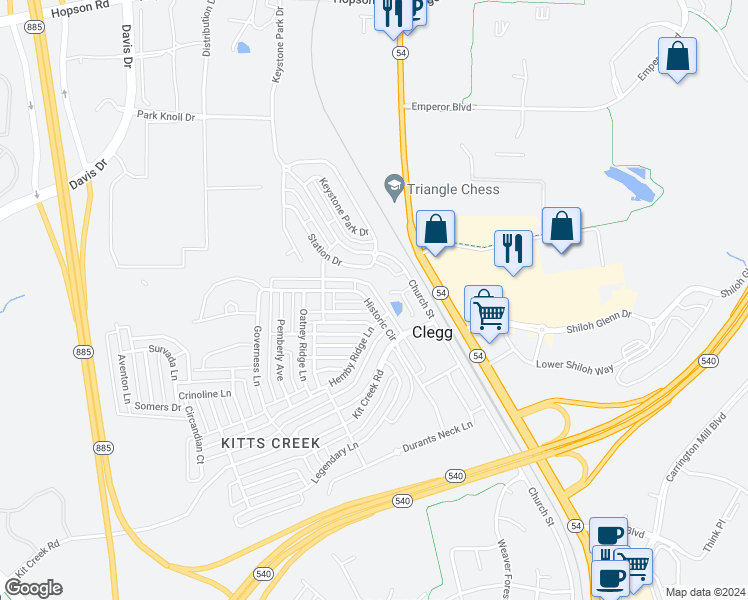 map of restaurants, bars, coffee shops, grocery stores, and more near 2208 Historic Circle in Morrisville